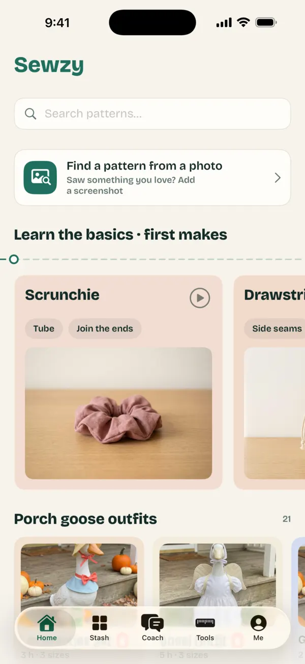 The Sewzy app home screen: find a pattern from a photo, first makes and porch goose outfits
