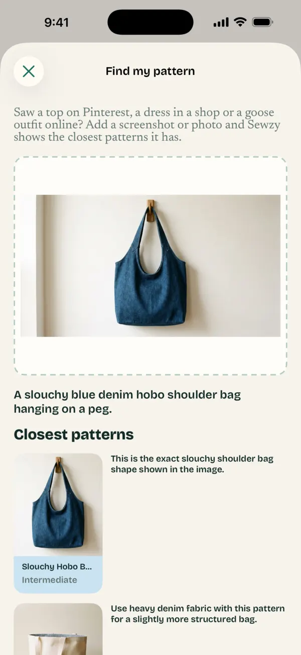 Find my pattern: a photo of a hobo bag matched to the Slouchy Hobo Bag pattern