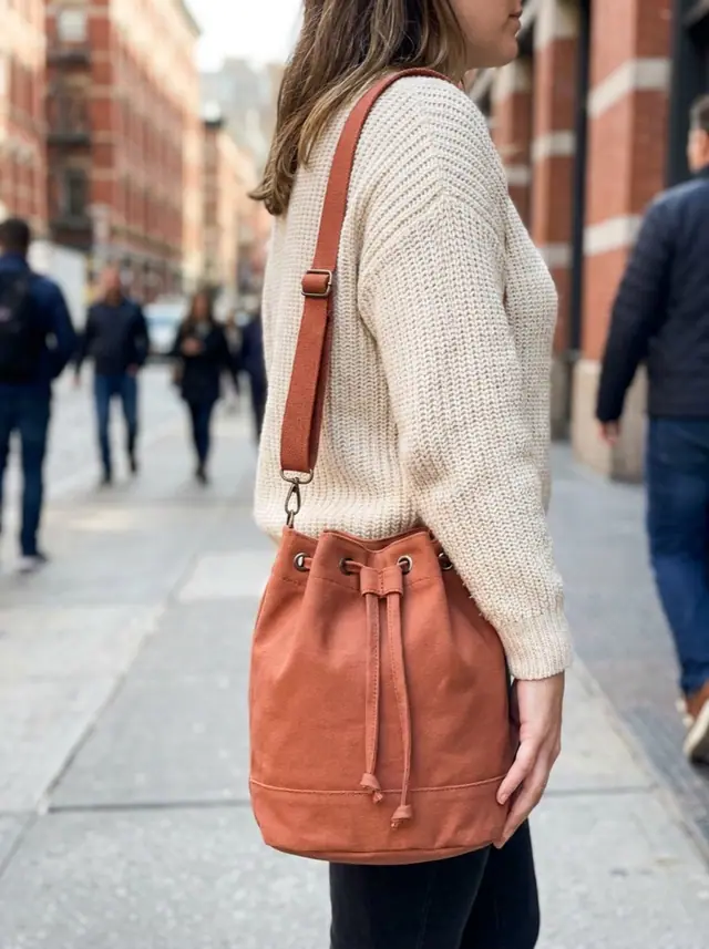 A finished bucket bag sewn from the Sewzy pattern