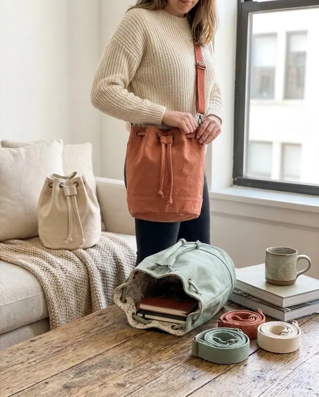 A finished bucket bag sewn from the Sewzy pattern, view 3