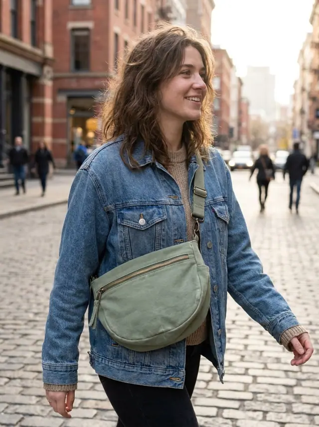 A finished crescent sling bag sewn from the Sewzy pattern