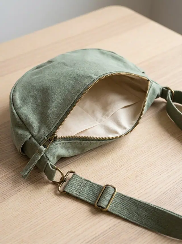 A finished crescent sling bag sewn from the Sewzy pattern, view 2