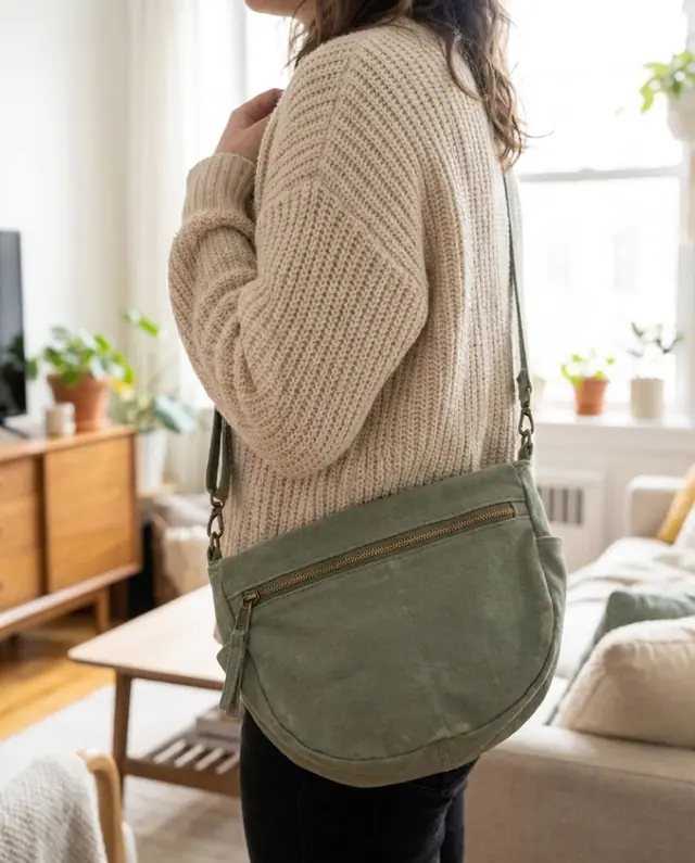 A finished crescent sling bag sewn from the Sewzy pattern, view 3