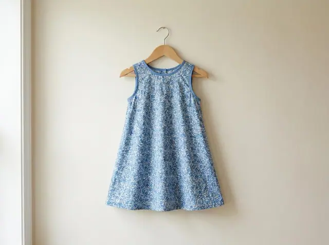 A finished girls a-line dress sewn from the Sewzy pattern