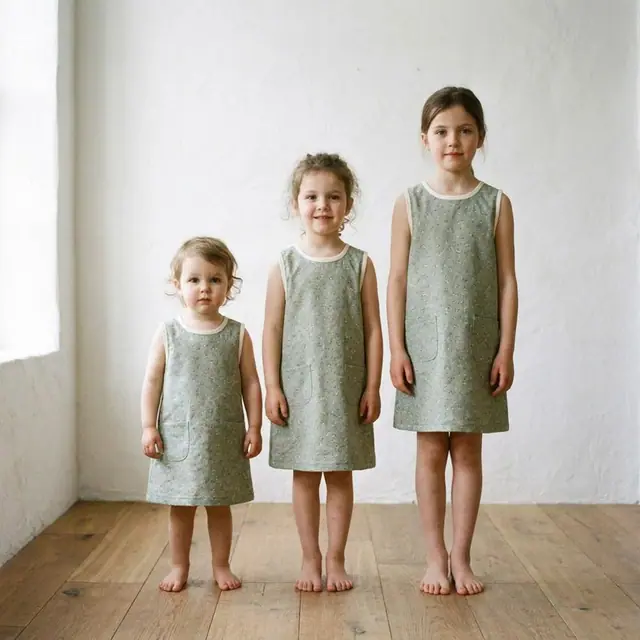 A finished girls a-line dress sewn from the Sewzy pattern, view 2