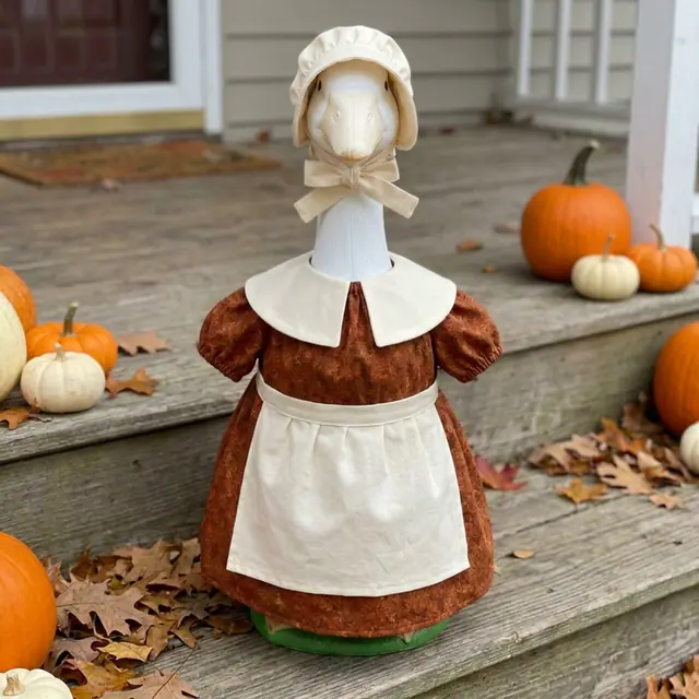 A porch goose wearing the harvest outfit