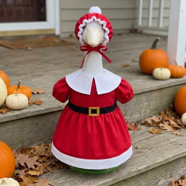 A porch goose wearing the santa outfit