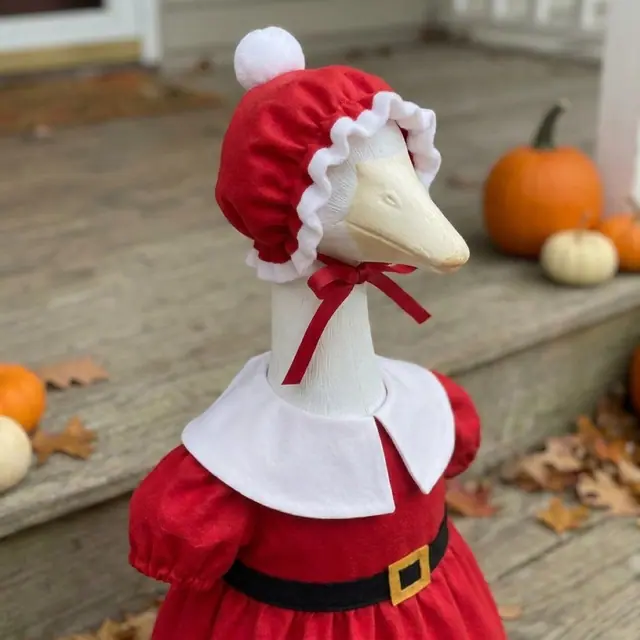 A porch goose wearing the Santa outfit, view 3