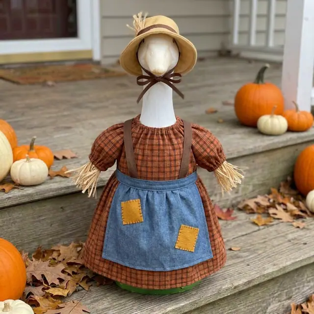 A porch goose wearing the scarecrow outfit