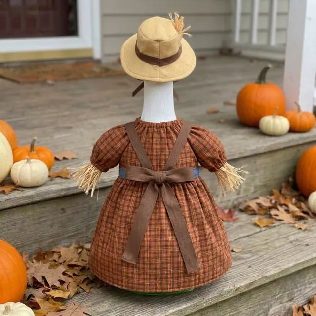 A porch goose wearing the scarecrow outfit, view 2