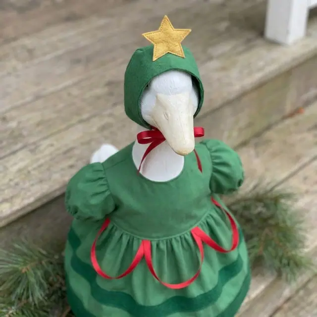 A porch goose wearing the Christmas Tree outfit, view 3