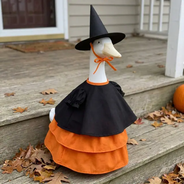 A porch goose wearing the witch outfit
