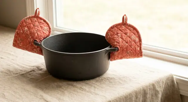 A finished pot handle cover sewn from the Sewzy pattern, view 2