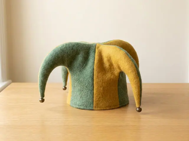 A finished jester hat sewn from the Sewzy pattern
