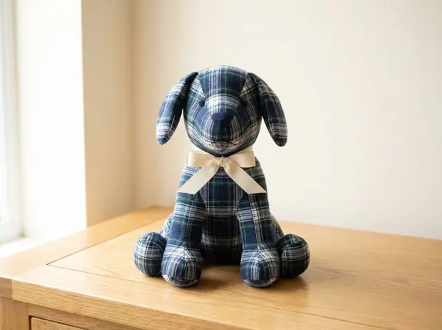 Memory Dog, a finished stuffed toy sewn from the pattern