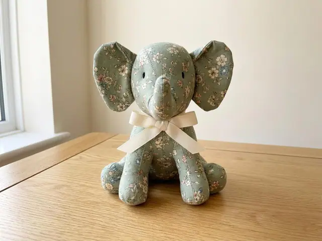 Memory Elephant, a finished stuffed toy sewn from the pattern