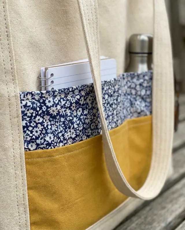A finished pocket tote sewn from the Sewzy pattern, view 2