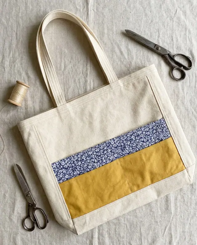A finished pocket tote sewn from the Sewzy pattern, view 3