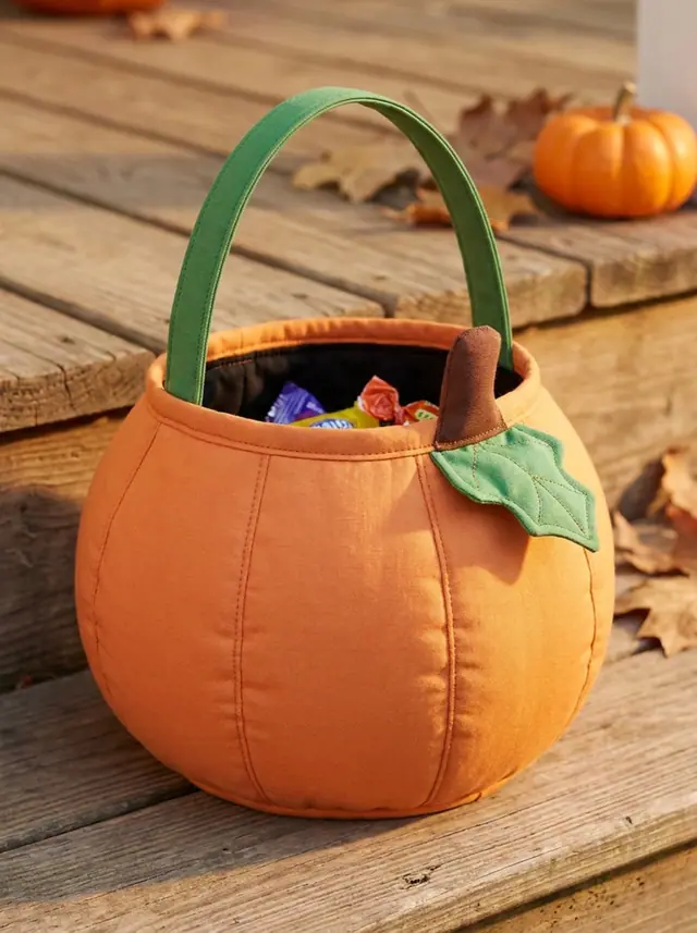 A finished pumpkin bag sewn from the Sewzy pattern