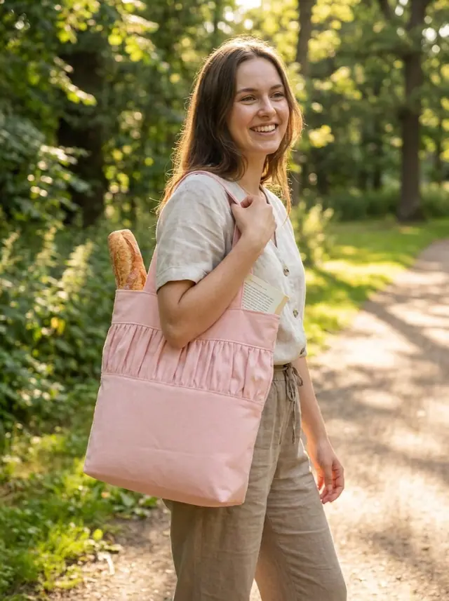 A finished ruched tote sewn from the Sewzy pattern, view 2