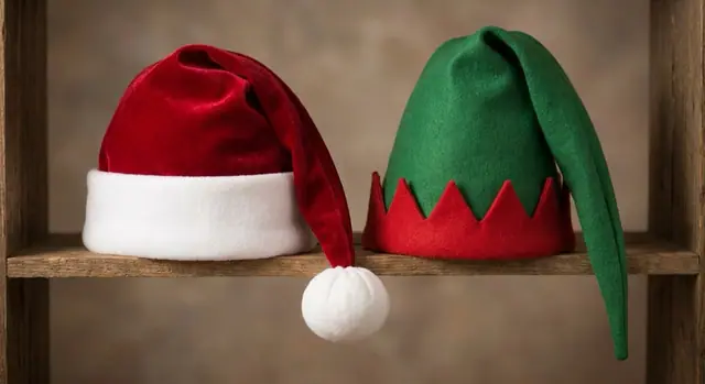 A finished santa and elf hats sewn from the Sewzy pattern