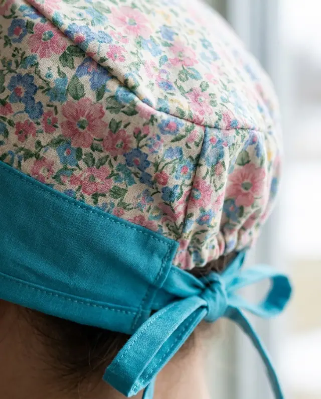 A finished tie-back scrub cap sewn from the Sewzy pattern, view 2
