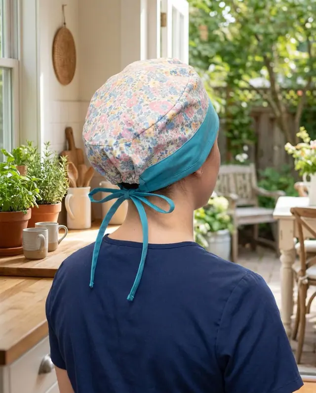 A finished tie-back scrub cap sewn from the Sewzy pattern, view 3