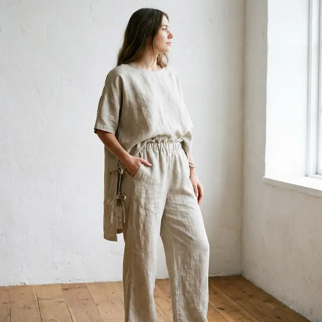 A finished tunic and pants set sewn from the Sewzy pattern