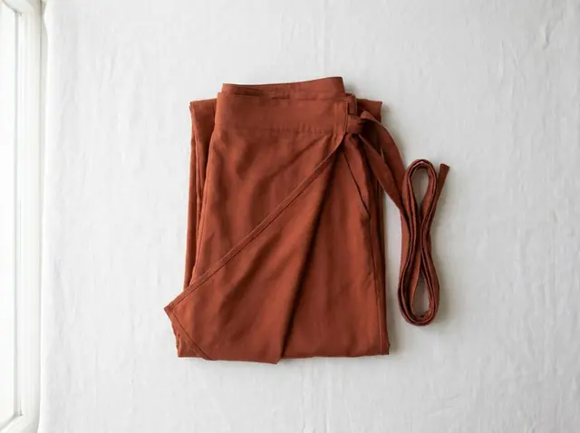 A finished wrap pants sewn from the Sewzy pattern