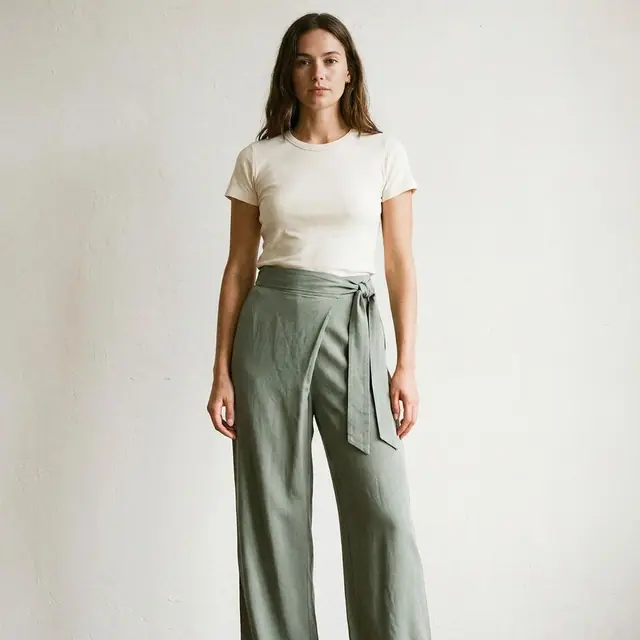 A finished wrap pants sewn from the Sewzy pattern, view 2