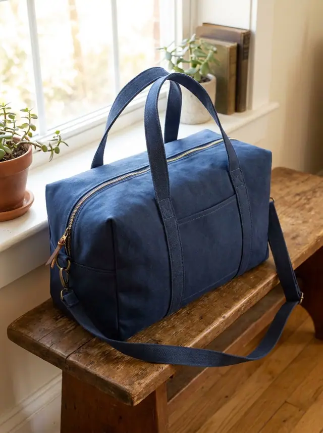 A finished xl duffel bag sewn from the Sewzy pattern