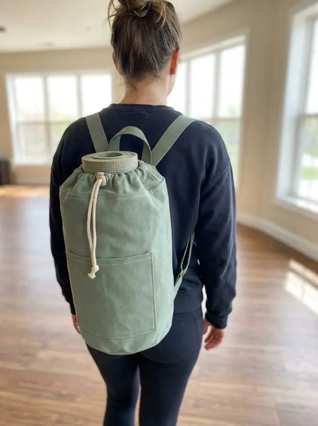 A finished yoga mat backpack sewn from the Sewzy pattern